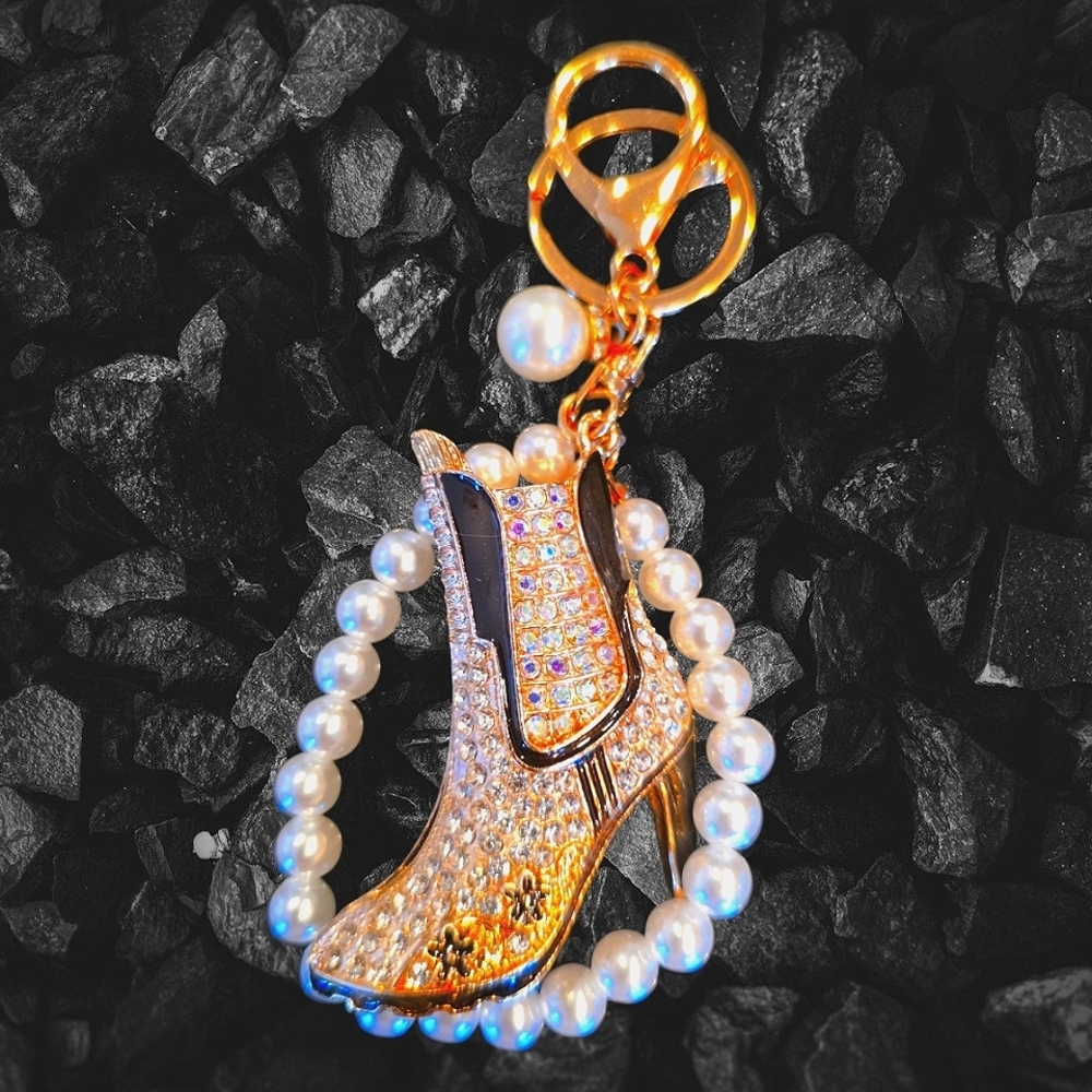 Stylish Gold and Black Rhinestone Cowboy Boot Charm with Pearl and Gold Accents